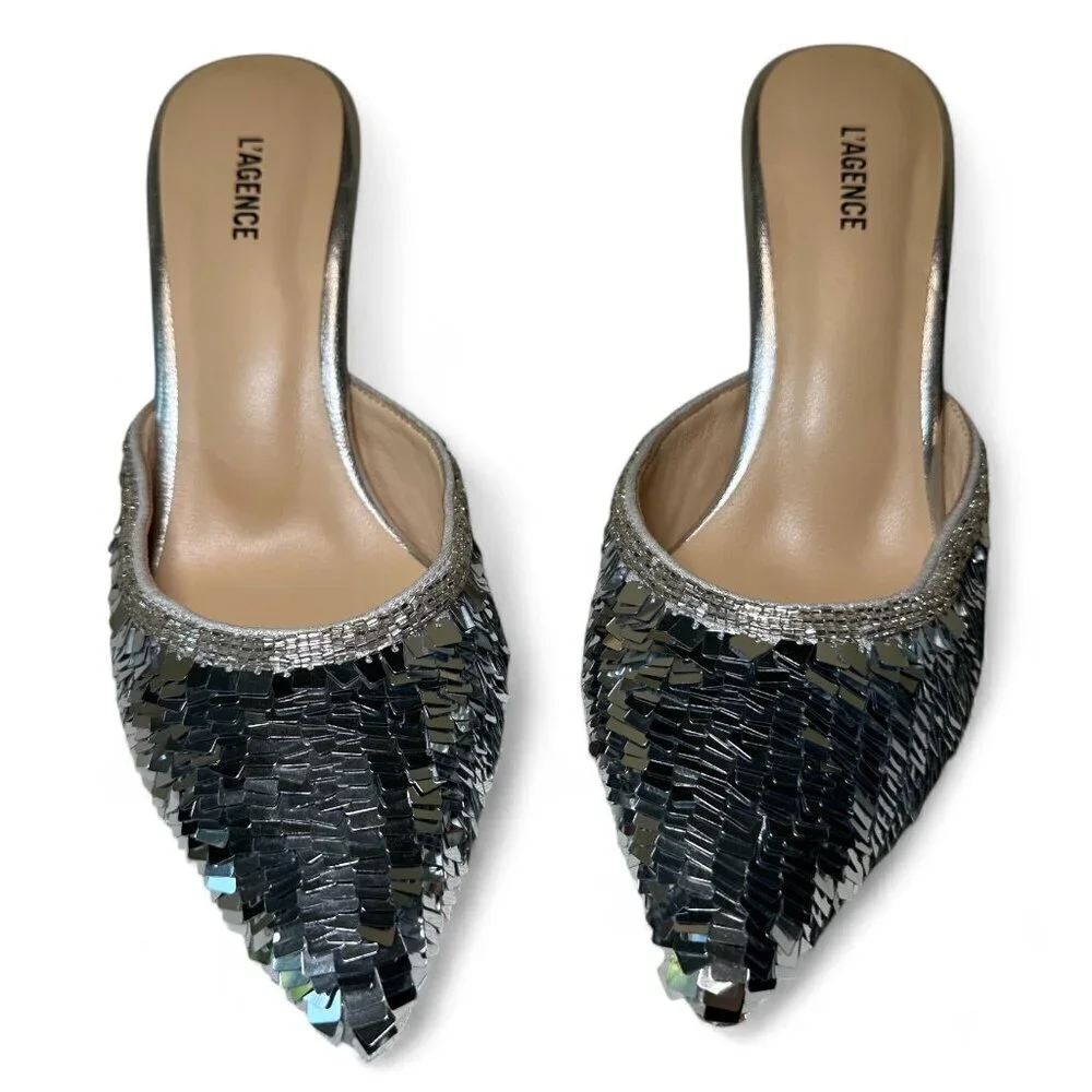 L' Agence Women's Backless Juliette Sequin Mule Heel - Silver (Size 6)